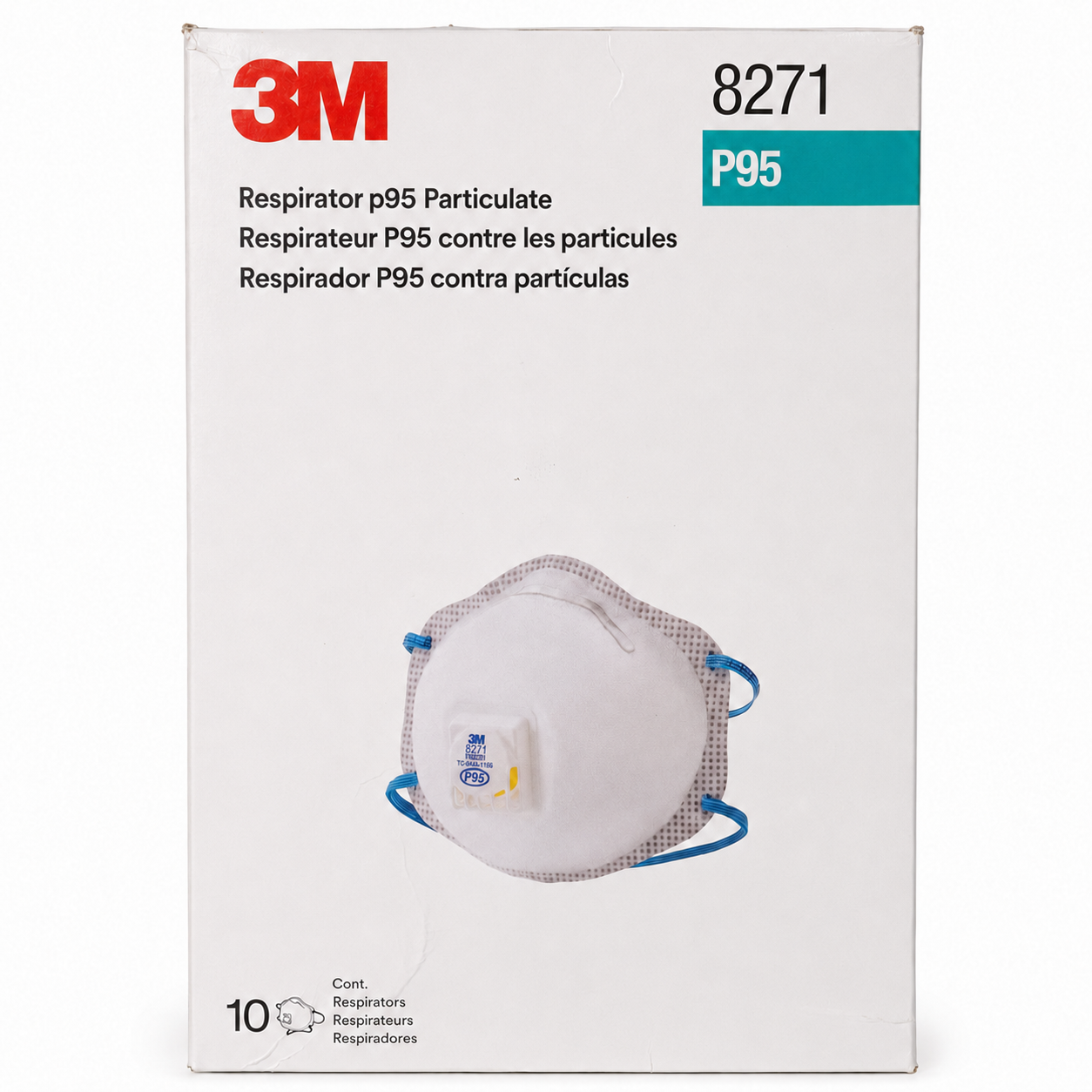 Front of genuine 3M 8271 P95 particulate respirator carton containing 10 respirators